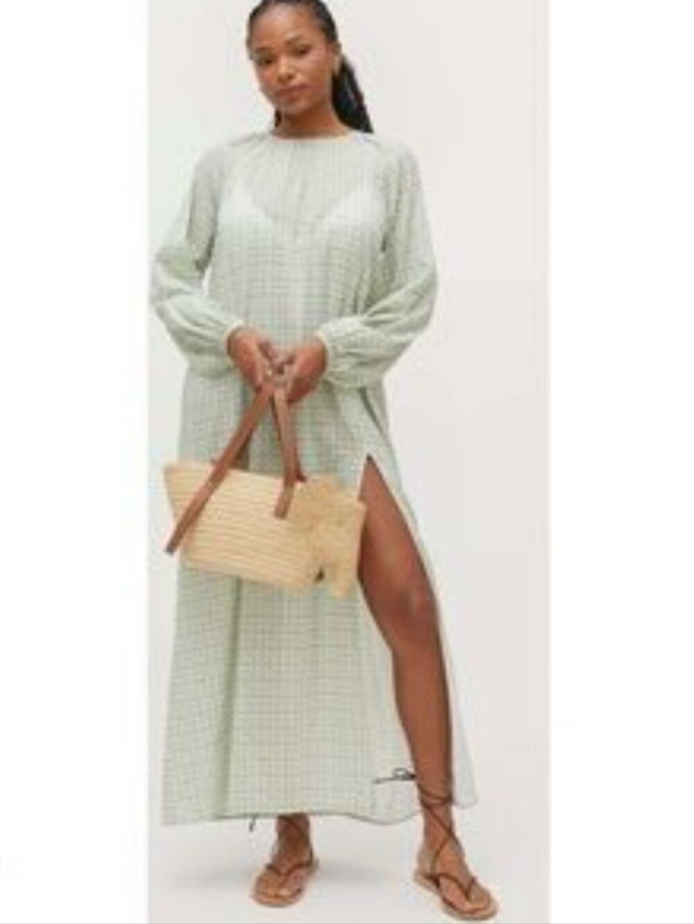 Hill House The Simone Maxi Slit Dress Green White Rattan Low Back Coastal XS